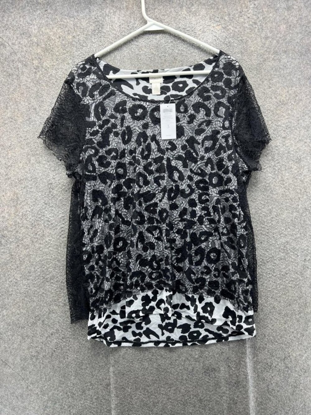 Chico's Blouse Women 3 Black Cheetah Lace Overlay Scoop Neck Short Sleeve Knit